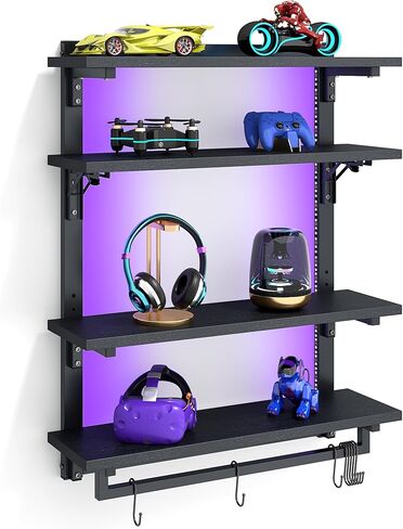 أرفف عائمة للألعاب قابلة للطي مقاس 24 بوصة مع مصابيح LED، ورف عرض من 4 طبقات مع رف قابل للتعديل، ورف مثبت على الحائط مع قضيب تعليق و8 خطافات على شكل حرف S لغرفة الألعاب، باللون الأسود in Kuwait