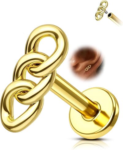 Metal Chain Cartilage Earring – Internally Threaded Flat Back Stud in Silver & Gold 16G 8mm Helix, Conch, Tragus Jewelry in Saudi Arabia