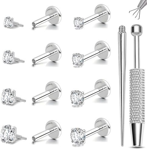 18G/16G Flat Back Earrings Stud Surgical Steel Nose Studs Long Internal Thread Tiny CZ Nostril Cartilage Tragus Helix Lip Medusa Piercing Jewelry for Women Men in Saudi Arabia