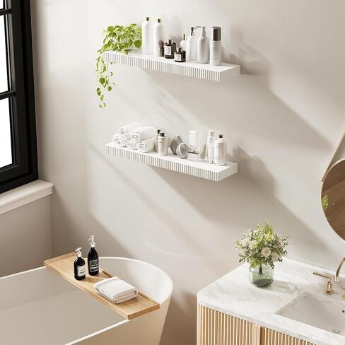 أرفف عائمة مقاس 24 بوصة للجدار، أرفف خشبية مثبتة على الحائط للحمام وغرفة النوم وغرفة المعيشة والمطبخ ورف معلق مع دعامات غير مرئية للتخزين والكتب وديكور المنزل (أبيض، مجموعة من 2) in Kuwait