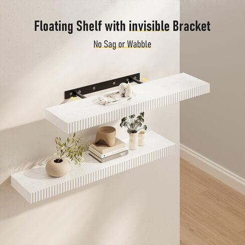 أرفف عائمة مقاس 24 بوصة للجدار، أرفف خشبية مثبتة على الحائط للحمام وغرفة النوم وغرفة المعيشة والمطبخ ورف معلق مع دعامات غير مرئية للتخزين والكتب وديكور المنزل (أبيض، مجموعة من 2) in Kuwait