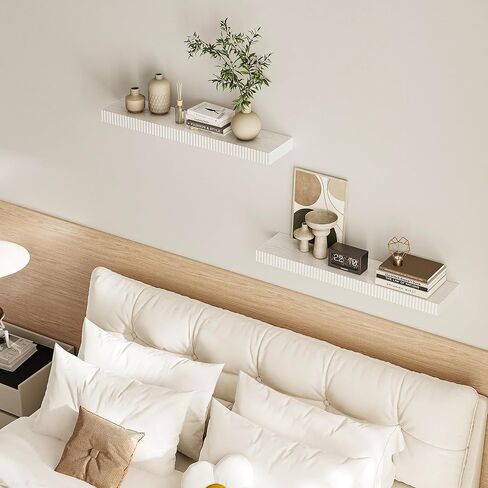 أرفف عائمة مقاس 24 بوصة للجدار، أرفف خشبية مثبتة على الحائط للحمام وغرفة النوم وغرفة المعيشة والمطبخ ورف معلق مع دعامات غير مرئية للتخزين والكتب وديكور المنزل (أبيض، مجموعة من 2) in Kuwait