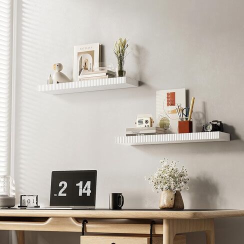 أرفف عائمة مقاس 24 بوصة للجدار، أرفف خشبية مثبتة على الحائط للحمام وغرفة النوم وغرفة المعيشة والمطبخ ورف معلق مع دعامات غير مرئية للتخزين والكتب وديكور المنزل (أبيض، مجموعة من 2) in Kuwait