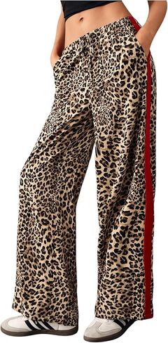 WDIRARA Women's Leopard Print Side Striped Wide Leg Sweatpants High Waisted Drawstring Baggy Pants in Saudi Arabia