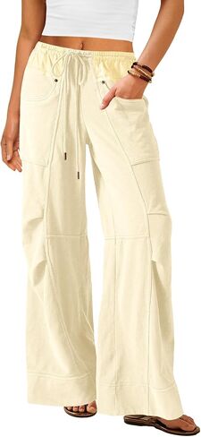 Nirovien المرأة واسعة الساق Sweatpants السراويل الفضفاضة عالية الخصر صالة السراويل بالازو برميل Sweatpants مع جيوب in Kuwait