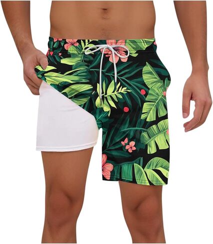 Mens Swim Trunks with Compression Liner 7 Inch Beach Shorts Pockets Boho Quick Dry Graphic Drawsting 2 in 1 Shorts in Saudi Arabia