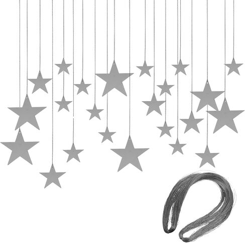 24Pcs Silver Hanging Stars Decorations, Double Sided Paper Star Cutouts with Nylon String Hanging Stars for Ceiling Birthday Wedding Party Wall Decor (4 Sizes)(Silver) in Saudi Arabia