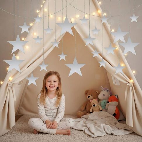 24Pcs Silver Hanging Stars Decorations, Double Sided Paper Star Cutouts with Nylon String Hanging Stars for Ceiling Birthday Wedding Party Wall Decor (4 Sizes)(Silver) in Saudi Arabia