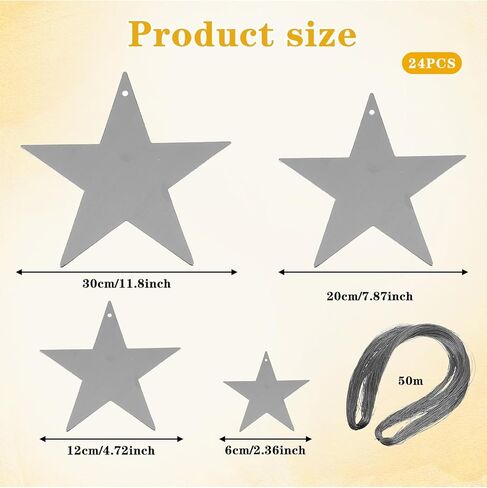 24Pcs Silver Hanging Stars Decorations, Double Sided Paper Star Cutouts with Nylon String Hanging Stars for Ceiling Birthday Wedding Party Wall Decor (4 Sizes)(Silver) in Saudi Arabia