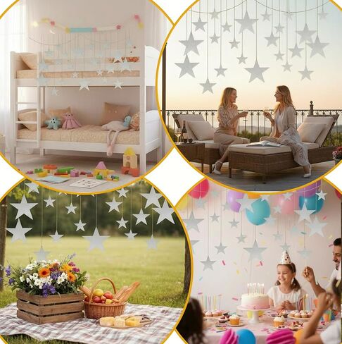 24Pcs Silver Hanging Stars Decorations, Double Sided Paper Star Cutouts with Nylon String Hanging Stars for Ceiling Birthday Wedding Party Wall Decor (4 Sizes)(Silver) in Saudi Arabia