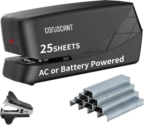 دباسة كهربائية كورسكانت، دباسة أوتوماتيكية، شديدة التحمل، 25 ورقة، مخزن 210 دبابيس، بما في ذلك 2000 دبابيس، و1 مزيل دبابيس، تيار متردد كهربائي لسطح المكتب أو يعمل بالبطارية للاستخدام المنزلي/المكتب in Kuwait