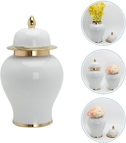 IMIKEYA Ginger Jar, White Ginger Jar with Gold Trim Handicraft Flower Vase Chinese Style Temple Jar Storage Jar Tea Canister with Lid for Home Office Wedding Decor in Saudi Arabia