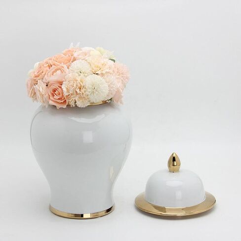 IMIKEYA Ginger Jar, White Ginger Jar with Gold Trim Handicraft Flower Vase Chinese Style Temple Jar Storage Jar Tea Canister with Lid for Home Office Wedding Decor in Saudi Arabia