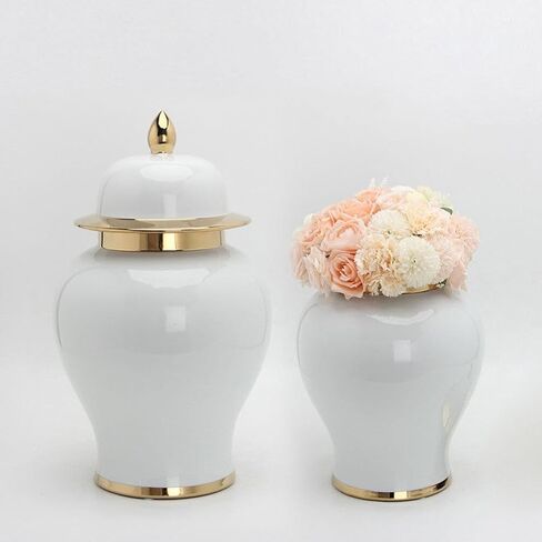 IMIKEYA Ginger Jar, White Ginger Jar with Gold Trim Handicraft Flower Vase Chinese Style Temple Jar Storage Jar Tea Canister with Lid for Home Office Wedding Decor in Saudi Arabia