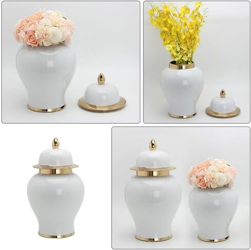 IMIKEYA Ginger Jar, White Ginger Jar with Gold Trim Handicraft Flower Vase Chinese Style Temple Jar Storage Jar Tea Canister with Lid for Home Office Wedding Decor in Saudi Arabia
