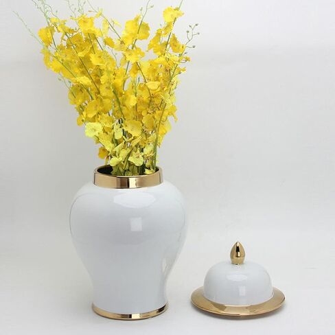 IMIKEYA Ginger Jar, White Ginger Jar with Gold Trim Handicraft Flower Vase Chinese Style Temple Jar Storage Jar Tea Canister with Lid for Home Office Wedding Decor in Saudi Arabia