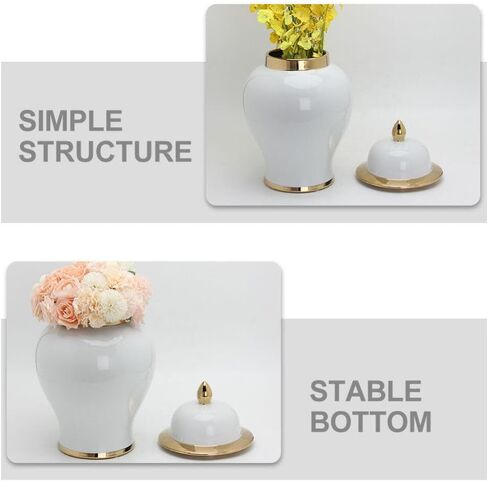 IMIKEYA Ginger Jar, White Ginger Jar with Gold Trim Handicraft Flower Vase Chinese Style Temple Jar Storage Jar Tea Canister with Lid for Home Office Wedding Decor in Saudi Arabia