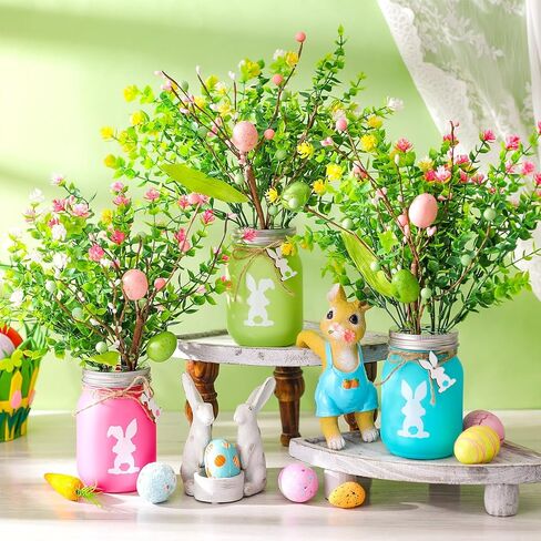 Pickmesh 3 Set Easter Table Centerpiece Decoration Mason Jars for Dining Table with Pastel Easter Eggs Picks Bunny Tags Holiday Decorations for Home with Artificial Flowers Berries in Saudi Arabia