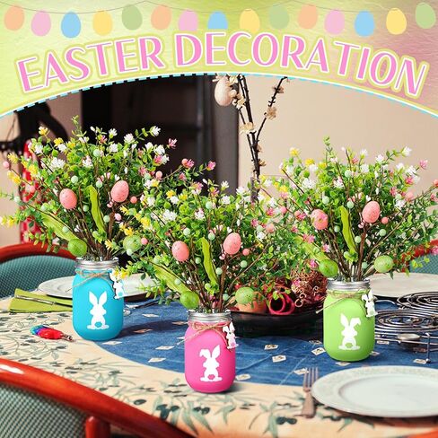 Pickmesh 3 Set Easter Table Centerpiece Decoration Mason Jars for Dining Table with Pastel Easter Eggs Picks Bunny Tags Holiday Decorations for Home with Artificial Flowers Berries in Saudi Arabia