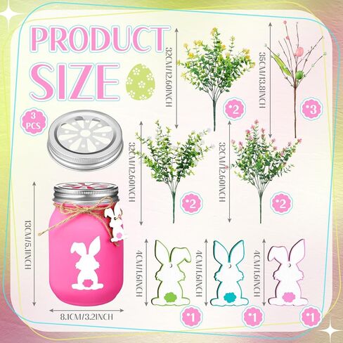 Pickmesh 3 Set Easter Table Centerpiece Decoration Mason Jars for Dining Table with Pastel Easter Eggs Picks Bunny Tags Holiday Decorations for Home with Artificial Flowers Berries in Saudi Arabia
