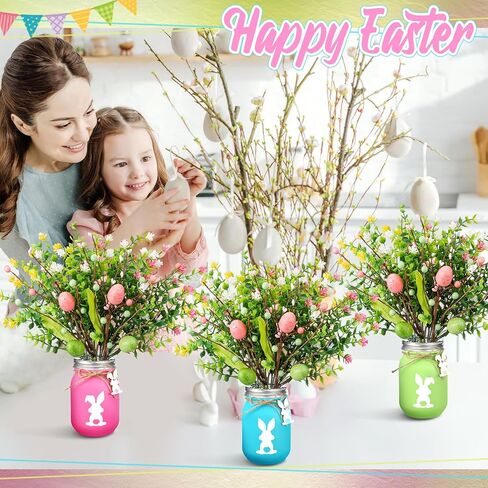 Pickmesh 3 Set Easter Table Centerpiece Decoration Mason Jars for Dining Table with Pastel Easter Eggs Picks Bunny Tags Holiday Decorations for Home with Artificial Flowers Berries in Saudi Arabia