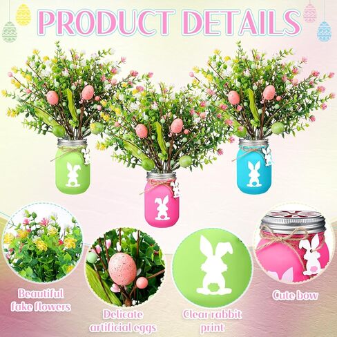 Pickmesh 3 Set Easter Table Centerpiece Decoration Mason Jars for Dining Table with Pastel Easter Eggs Picks Bunny Tags Holiday Decorations for Home with Artificial Flowers Berries in Saudi Arabia