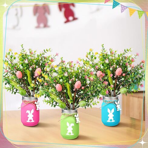 Pickmesh 3 Set Easter Table Centerpiece Decoration Mason Jars for Dining Table with Pastel Easter Eggs Picks Bunny Tags Holiday Decorations for Home with Artificial Flowers Berries in Saudi Arabia