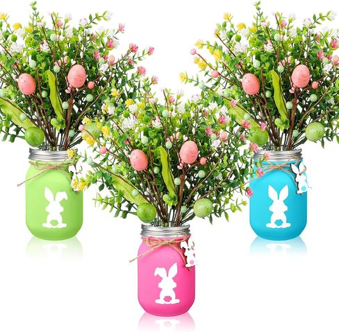 Pickmesh 3 Set Easter Table Centerpiece Decoration Mason Jars for Dining Table with Pastel Easter Eggs Picks Bunny Tags Holiday Decorations for Home with Artificial Flowers Berries in Saudi Arabia