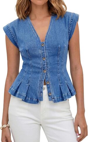 Tankaneo Womens V Neck Denim Vests Tops Trendy Summer Casual Button Down Y2k Fitted Pleated Sleeveless Jean Tops in Saudi Arabia