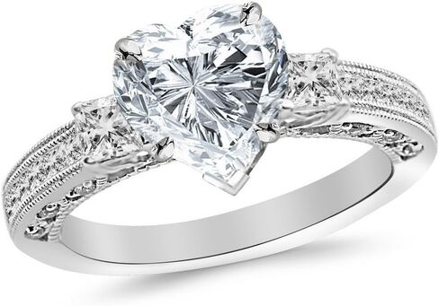 14K White Gold 1.5 Carat LAB GROWN DIAMOND Three 3 Stone Princess Cut Channel Set Heart Cut Diamond Engagement Ring (E-F Color VS2-SI1 Clarity 1 Ct Center) in Saudi Arabia