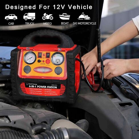 FlyAuto 1400 Peak Amp 12V Car Battery Jump Starter with Air Compressor 260 PSI Tire Inflator,Portable Power Station 110V 400 Watt Inverter with AC/DC/USB Outlets in Kuwait