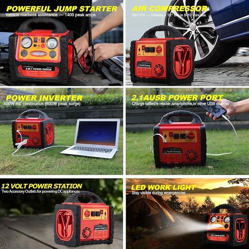 FlyAuto 1400 Peak Amp 12V Car Battery Jump Starter with Air Compressor 260 PSI Tire Inflator,Portable Power Station 110V 400 Watt Inverter with AC/DC/USB Outlets in Kuwait