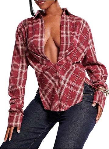 Milumia Women's Plaid Deep V Neck Collared Blouse Ruched Long Sleeve Casual Shirt Tops in Saudi Arabia