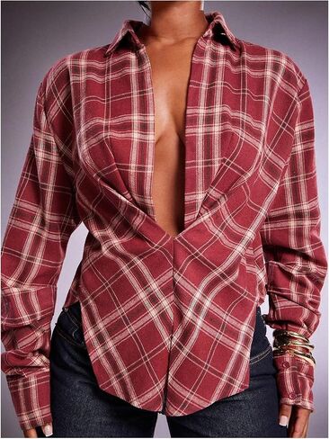 Milumia Women's Plaid Deep V Neck Collared Blouse Ruched Long Sleeve Casual Shirt Tops in Saudi Arabia