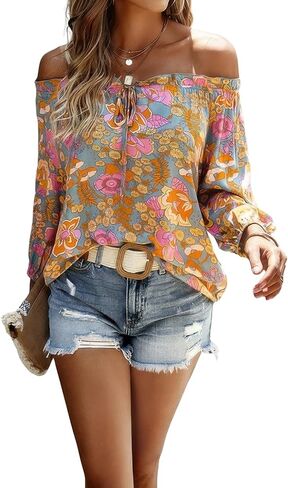 Women's Long Sleeve Off-Shoulder Blouse, Boho Print, Navy/Beige/Green/Orange, S-XL, Regular Fit, Casual, Viscose in Saudi Arabia