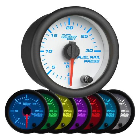 GlowShift White 7 Color 30,000 PSI Fuel Rail Pressure Gauge - Compatible with 6.6L Chevy Duramax 2002-2018 & 5.9L / 6.7L Dodge Cummins Diesel 2003-2018 - White Dial - Clear Lens - 2-1/16" 52mm in Saudi Arabia