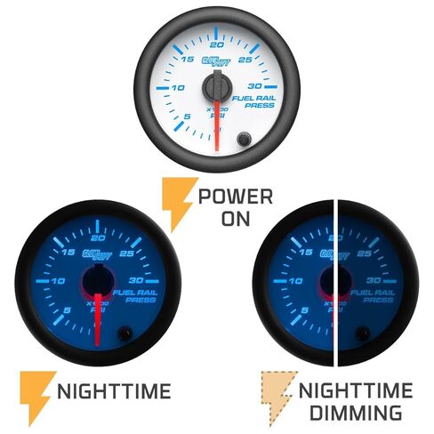 GlowShift White 7 Color 30,000 PSI Fuel Rail Pressure Gauge - Compatible with 6.6L Chevy Duramax 2002-2018 & 5.9L / 6.7L Dodge Cummins Diesel 2003-2018 - White Dial - Clear Lens - 2-1/16" 52mm in Saudi Arabia