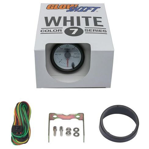 GlowShift White 7 Color 30,000 PSI Fuel Rail Pressure Gauge - Compatible with 6.6L Chevy Duramax 2002-2018 & 5.9L / 6.7L Dodge Cummins Diesel 2003-2018 - White Dial - Clear Lens - 2-1/16" 52mm in Saudi Arabia