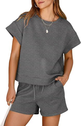 Dokotoo Women's 2 Piece Outfits Sweatsuit Casual Short Sleeve Pullover Tops and Drawstring Shorts Pants Lounge Sets in Saudi Arabia