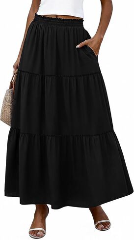 Long Skirts for Women Maxi Summer Swing Tiered A-Line Elastic High Waist Boho Flowy Skirts with Pockets in Saudi Arabia