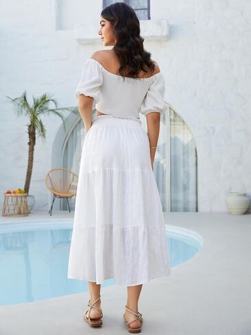Women's Boho Skirt Ruffle Long Maxi Flowy Summer Skirts with Pockets in Saudi Arabia