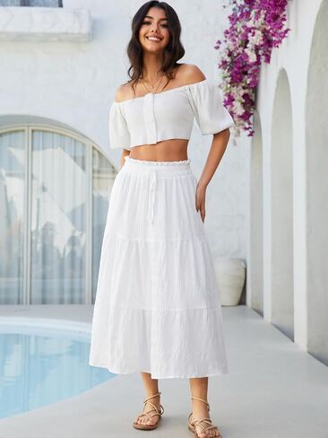 Women's Boho Skirt Ruffle Long Maxi Flowy Summer Skirts with Pockets in Saudi Arabia