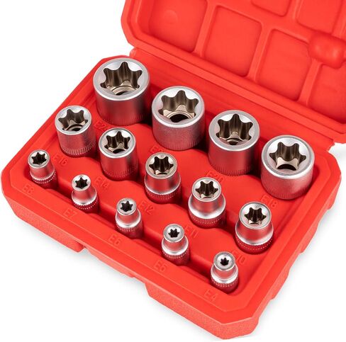 مجموعة مقابس E-Torx مكونة من 14 قطعة، مقابس Torx Star خارجية ممتازة - محرك 1/4 بوصة 3/8 بوصة 1/2 بوصة E4-E24، طقم مقبس عزم الدوران النهائي، حقيبة تخزين متضمنة لإصلاح وصيانة السيارات in Kuwait