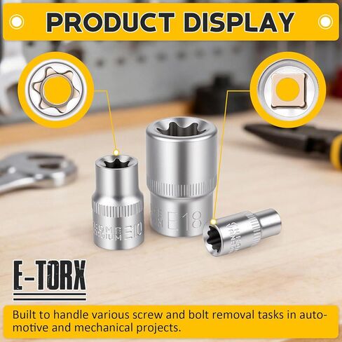 مجموعة مقابس E-Torx مكونة من 14 قطعة، مقابس Torx Star خارجية ممتازة - محرك 1/4 بوصة 3/8 بوصة 1/2 بوصة E4-E24، طقم مقبس عزم الدوران النهائي، حقيبة تخزين متضمنة لإصلاح وصيانة السيارات in Kuwait