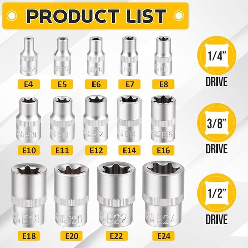 مجموعة مقابس E-Torx مكونة من 14 قطعة، مقابس Torx Star خارجية ممتازة - محرك 1/4 بوصة 3/8 بوصة 1/2 بوصة E4-E24، طقم مقبس عزم الدوران النهائي، حقيبة تخزين متضمنة لإصلاح وصيانة السيارات in Kuwait