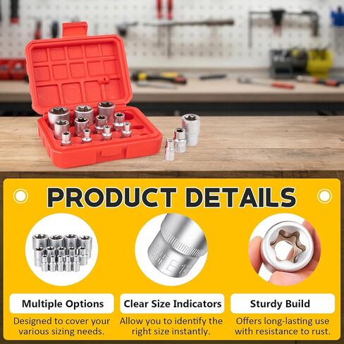 مجموعة مقابس E-Torx مكونة من 14 قطعة، مقابس Torx Star خارجية ممتازة - محرك 1/4 بوصة 3/8 بوصة 1/2 بوصة E4-E24، طقم مقبس عزم الدوران النهائي، حقيبة تخزين متضمنة لإصلاح وصيانة السيارات in Kuwait