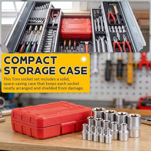 مجموعة مقابس E-Torx مكونة من 14 قطعة، مقابس Torx Star خارجية ممتازة - محرك 1/4 بوصة 3/8 بوصة 1/2 بوصة E4-E24، طقم مقبس عزم الدوران النهائي، حقيبة تخزين متضمنة لإصلاح وصيانة السيارات in Kuwait