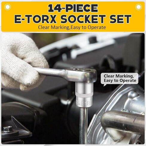مجموعة مقابس E-Torx مكونة من 14 قطعة، مقابس Torx Star خارجية ممتازة - محرك 1/4 بوصة 3/8 بوصة 1/2 بوصة E4-E24، طقم مقبس عزم الدوران النهائي، حقيبة تخزين متضمنة لإصلاح وصيانة السيارات in Kuwait