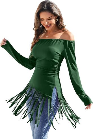 Tassel Shirts for Women Off The Shoulder Long Sleeve Western Cowgirl Stretchy Fringe Tops Country Concert Outfits in Saudi Arabia