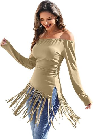 Tassel Shirts for Women Off The Shoulder Long Sleeve Western Cowgirl Stretchy Fringe Tops Country Concert Outfits in Saudi Arabia